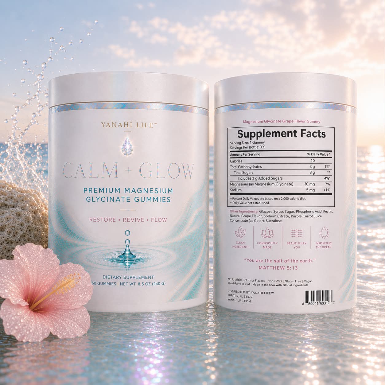 Calm + Glow jar, front and back label