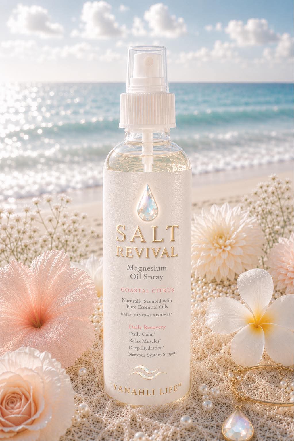 Salt Revival Coastal Citrus magnesium oil spray on the beach with flowers