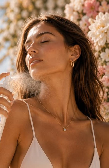 Woman applying Salt Revival Coastal Citrus magnesium oil spray